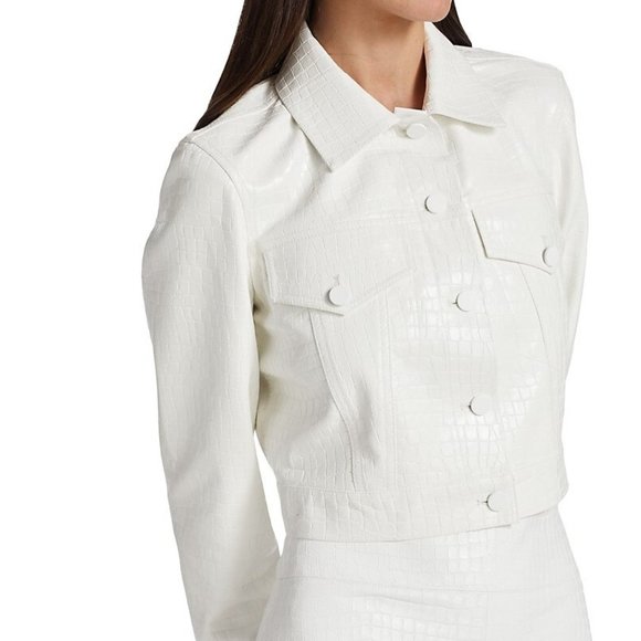 Alice + Olivia Chloe Croc-Effect Faux Leather Crop Jacket in White - Picture 1 of 3